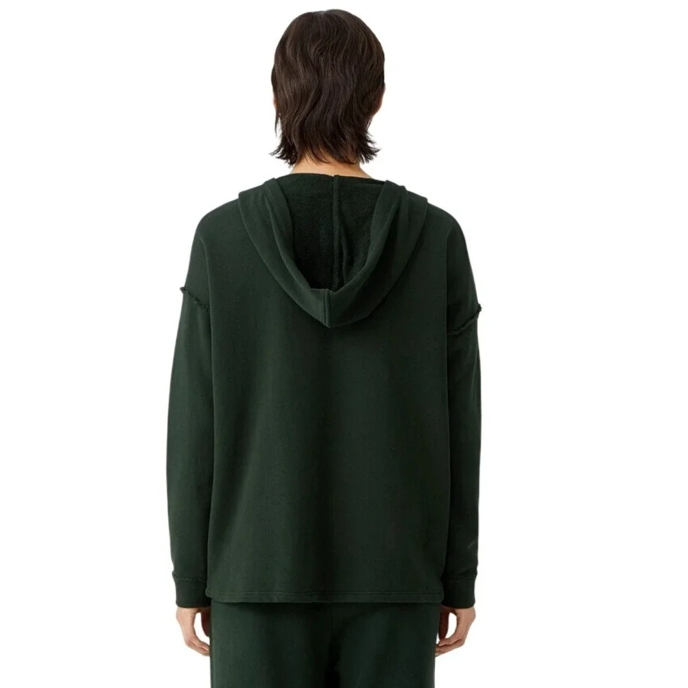 Eileen Fisher Organic Cotton French Terry Hooded Jacket Green Boxy Open Front L